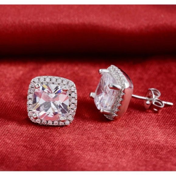 NEW Silver Cushion Diamond Halo Stud Earrings - Picture 6 of 7